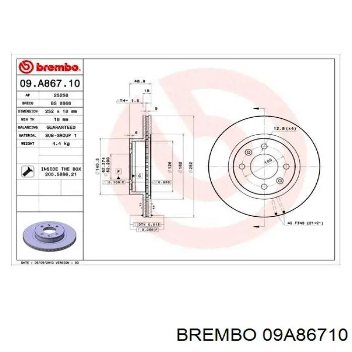 Диск гальмівний передній 09A86710 Brembo