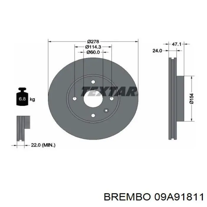 Диск гальмівний передній Brembo 09A91811