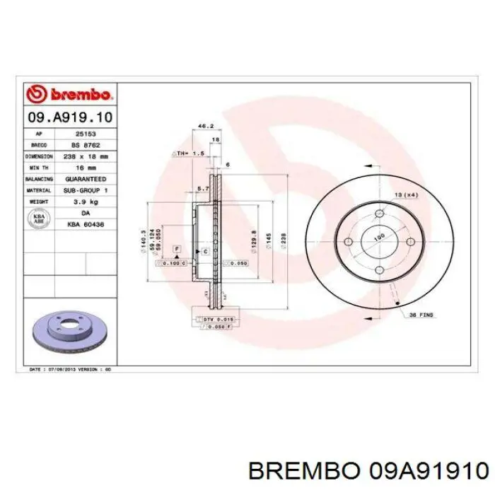 09A91910 Brembo Гальмо дискове переднє
