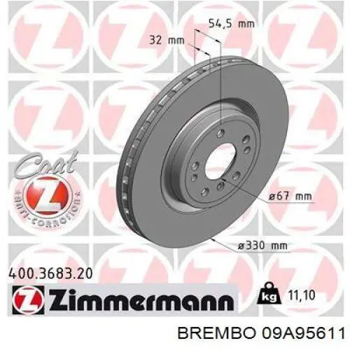 Диск переднього гальма Brembo 09A95611 ціна, від 94.52 USD