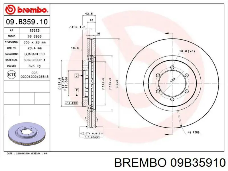 Диск гальмівний передній Brembo 09B35910