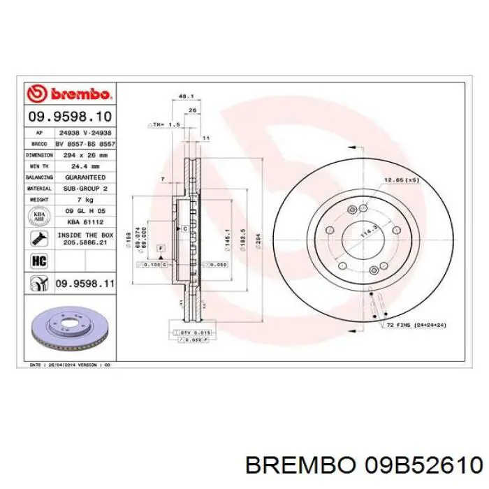 Диск гальмівний передній Brembo 09B52610