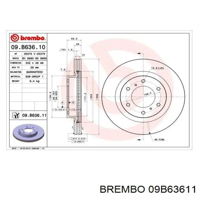 09B63611 Brembo Гальмо дискове переднє