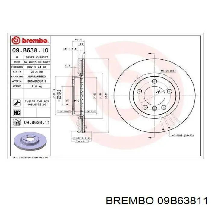 Диск гальмівний передній Brembo 09B63811