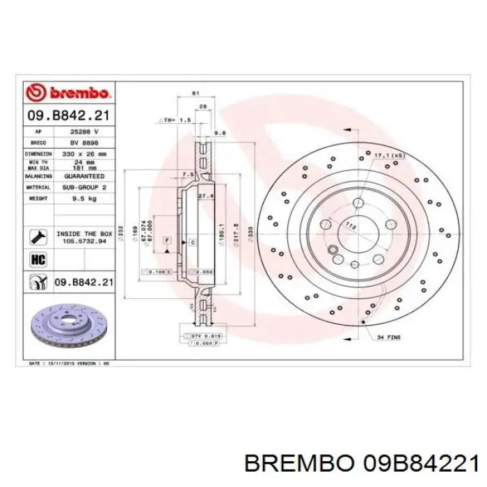 09B84221 Brembo диск гальмівний задній