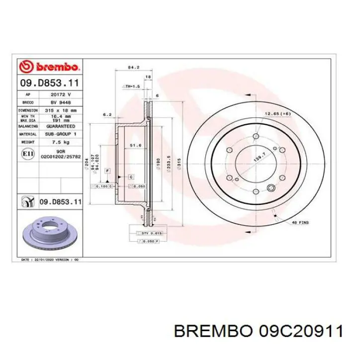09C20911 Brembo диск гальмівний задній