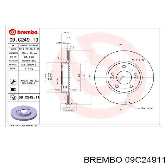 09C24911 Brembo Диск тормозной передний (Колесный диск 15")
