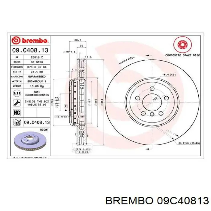 09C40813 Brembo диск гальмівний передній