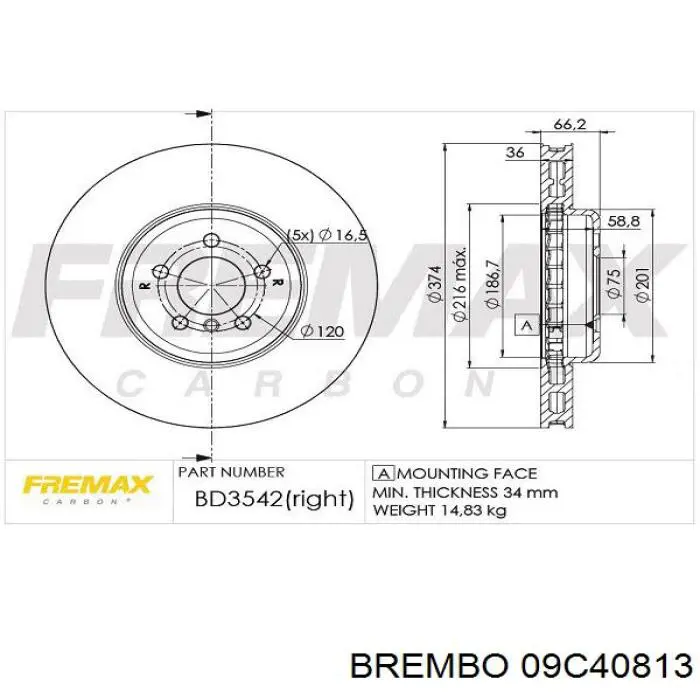 Диск переднього гальма Brembo 09C40813 ціна, від 170.07 USD