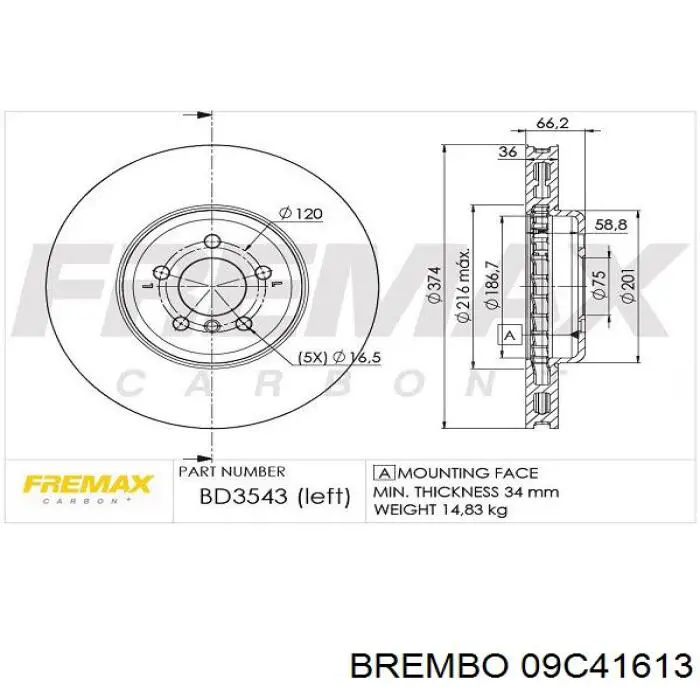 Диск гальмівний передній Brembo 09C41613