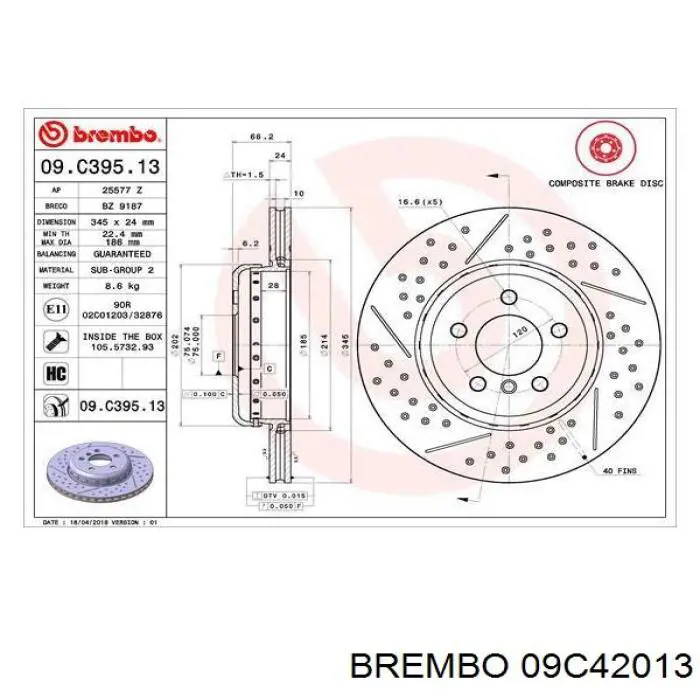 Диск гальмівний передній 09C42013 Brembo