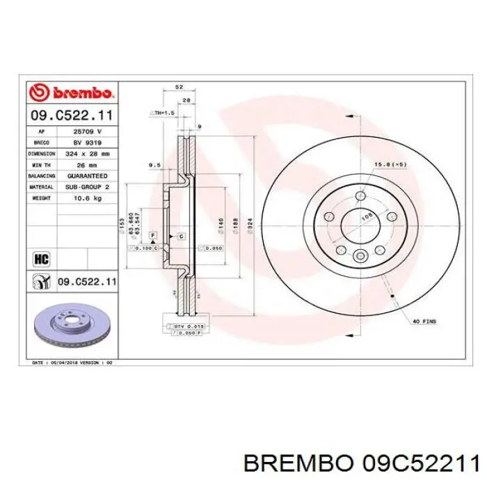 Диск гальмівний передній Brembo 09C52211