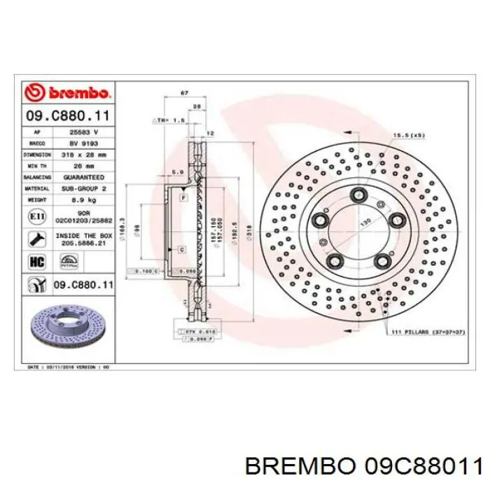 Диск гальмівний передній 09C88011 Brembo