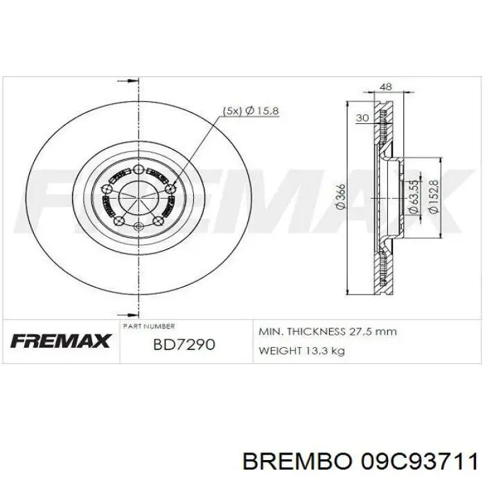 Диск гальмівний передній Brembo 09C93711