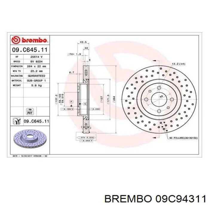 Диск переднього гальма Brembo 09C94311 ціна, від 131.48 USD