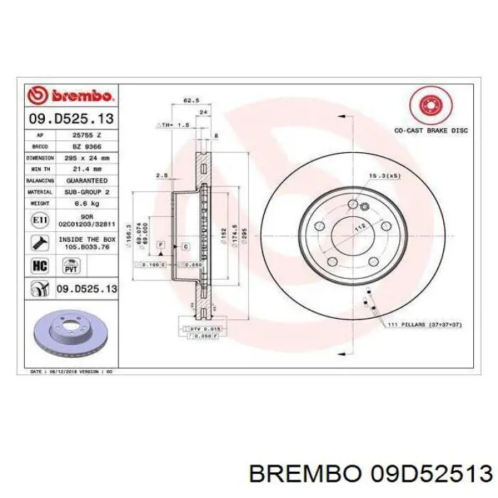 Диск переднього гальма Brembo 09D52513 ціна, від 85.43 USD