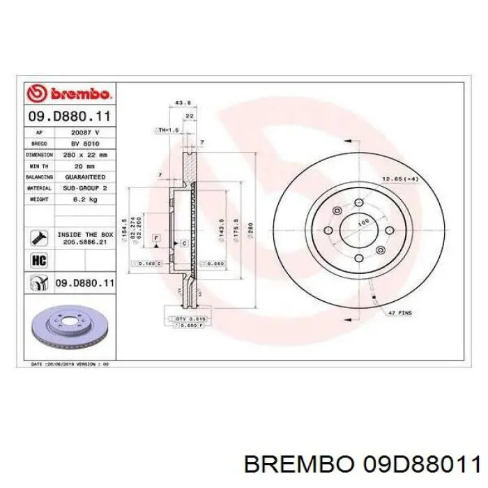 Диск переднього гальма Brembo 09D88011 ціна, від 66.96 USD