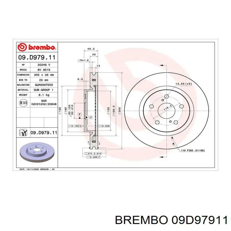 Диск гальмівний передній 09D97911 Brembo