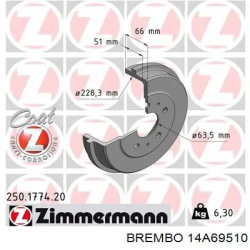 Купити 14A69510 Brembo Барабан гальмівний задній