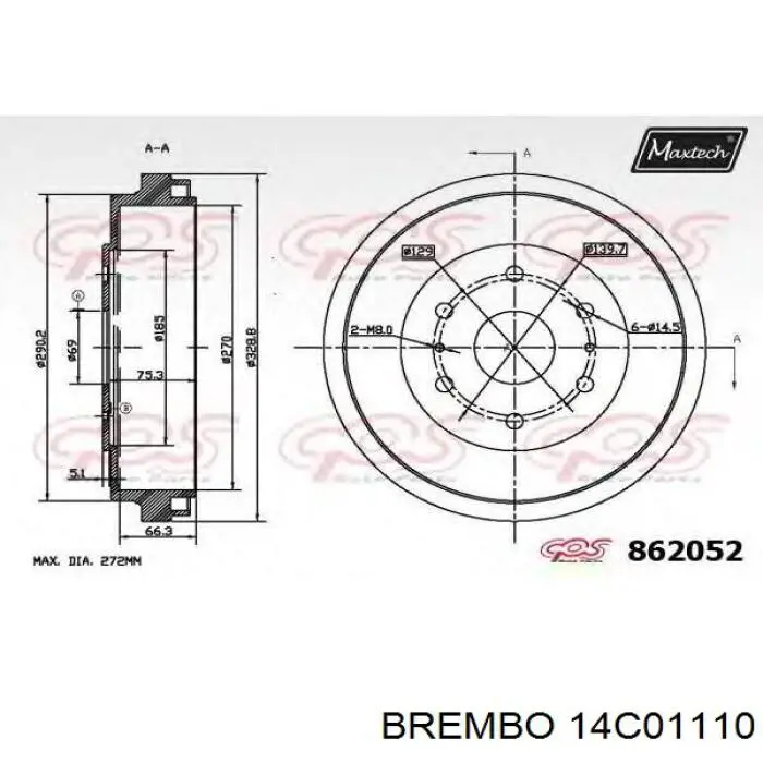 Барабан гальмівний задній Brembo 14C01110