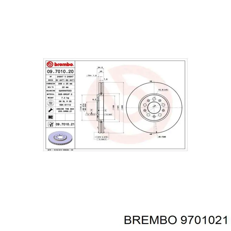 Диск гальмівний передній Brembo 9701021