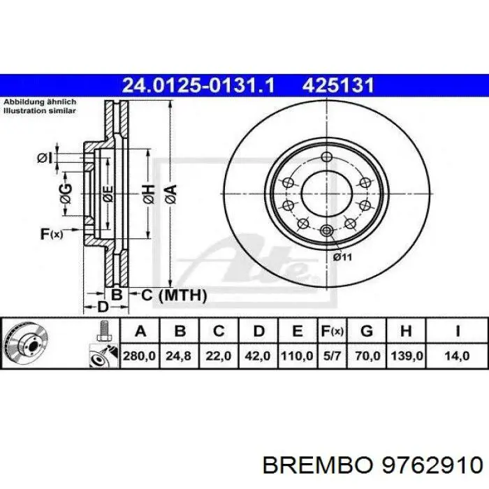 Диск гальмівний передній Brembo 9762910