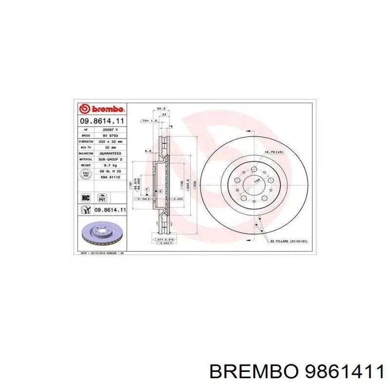 Диск переднього гальма Brembo 9861411 ціна, від 83.95 USD