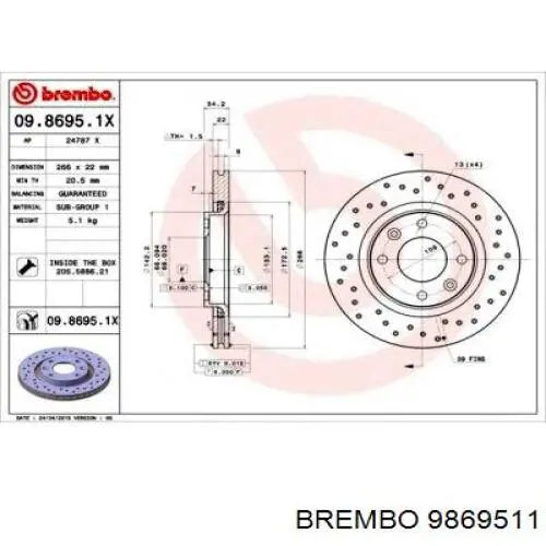 Диск гальмівний передній Brembo 9869511