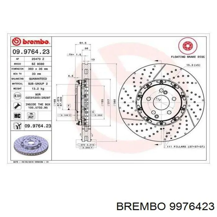 9976423 Brembo диск гальмівний передній