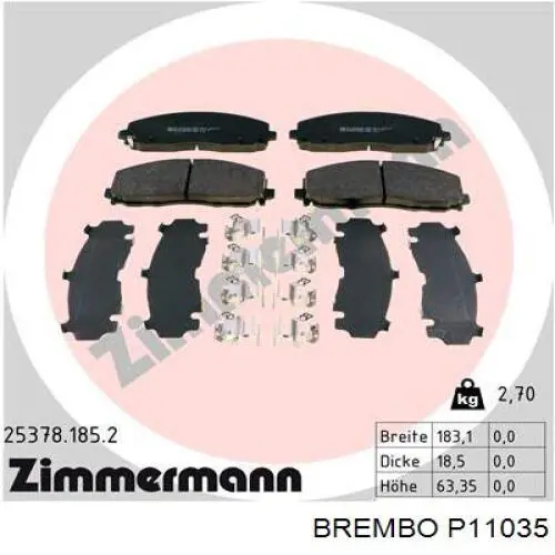 P11035 Brembo колодки гальмівні передні, дискові