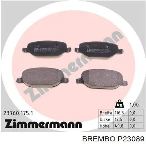 P23089 Brembo колодки гальмові задні, дискові