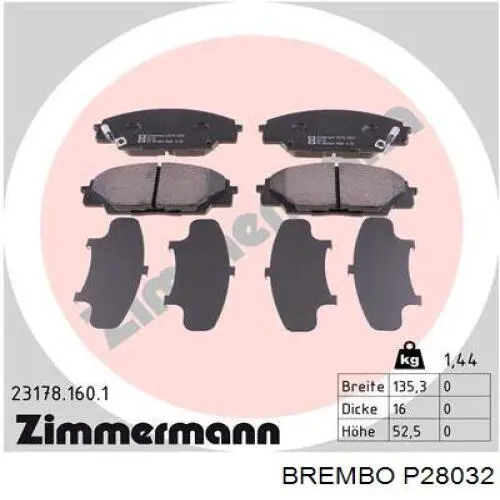Купити P28032 Brembo Колодки гальмівні передні, дискові