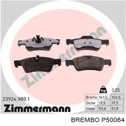 P50064 Brembo колодки гальмові задні, дискові