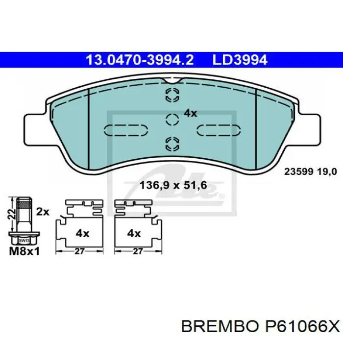 Купити P61066X Brembo Колодки гальмівні передні, дискові