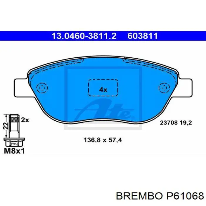 P61068 Brembo колодки гальмівні передні, дискові