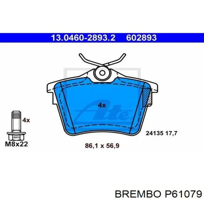 P61079 Brembo колодки гальмові задні, дискові