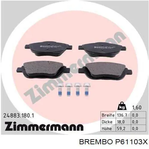 Передні тормозні колодки P61103X Brembo