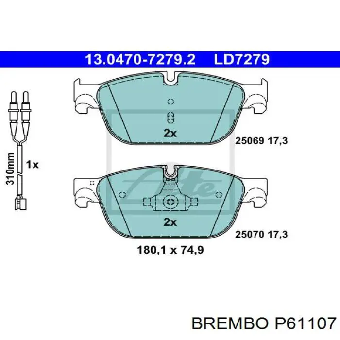 Купити P61107 Brembo Колодки гальмівні передні, дискові