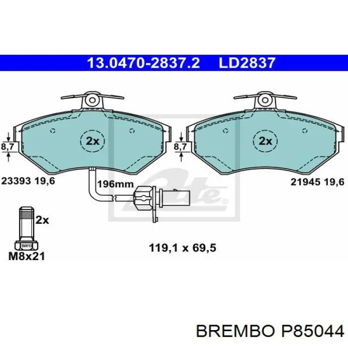 P85044 Brembo колодки гальмівні передні, дискові