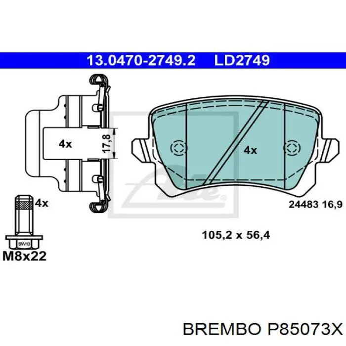 Задні гальмівні колодки P85073X Brembo