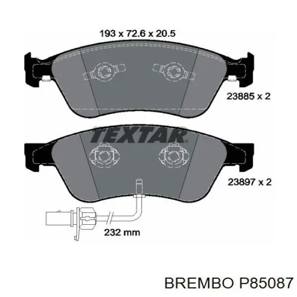 P85087 Brembo колодки гальмівні передні, дискові