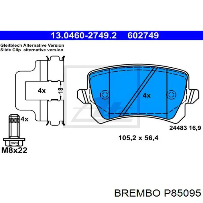 P85095 Brembo колодки гальмові задні, дискові