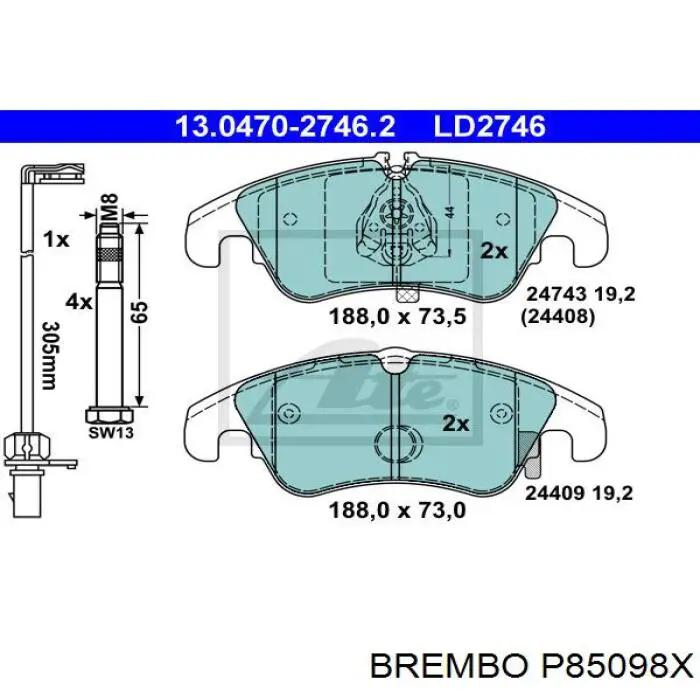 Купити P85098X Brembo Колодки гальмівні передні, дискові