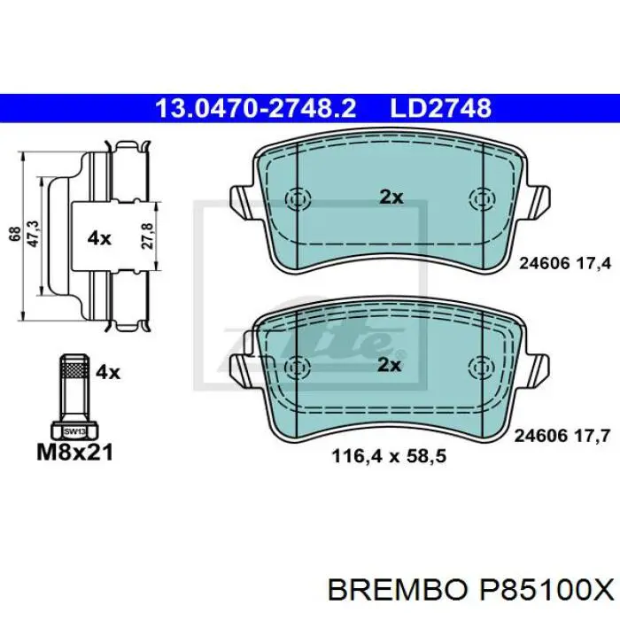 P85100X Brembo Колодки гальмівні задні, дискові