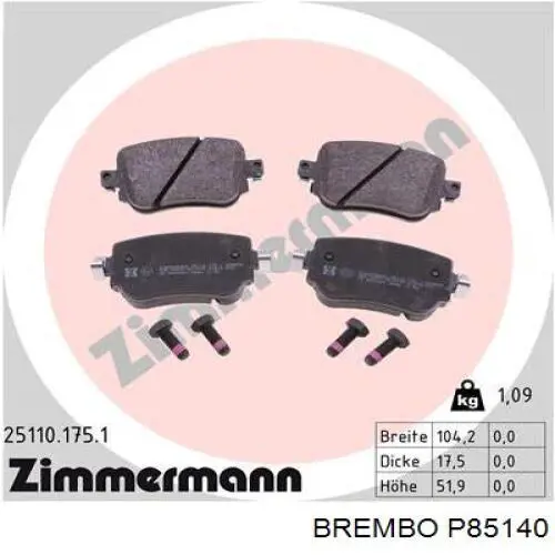 P85140 Brembo Колодки гальмівні задні, дискові