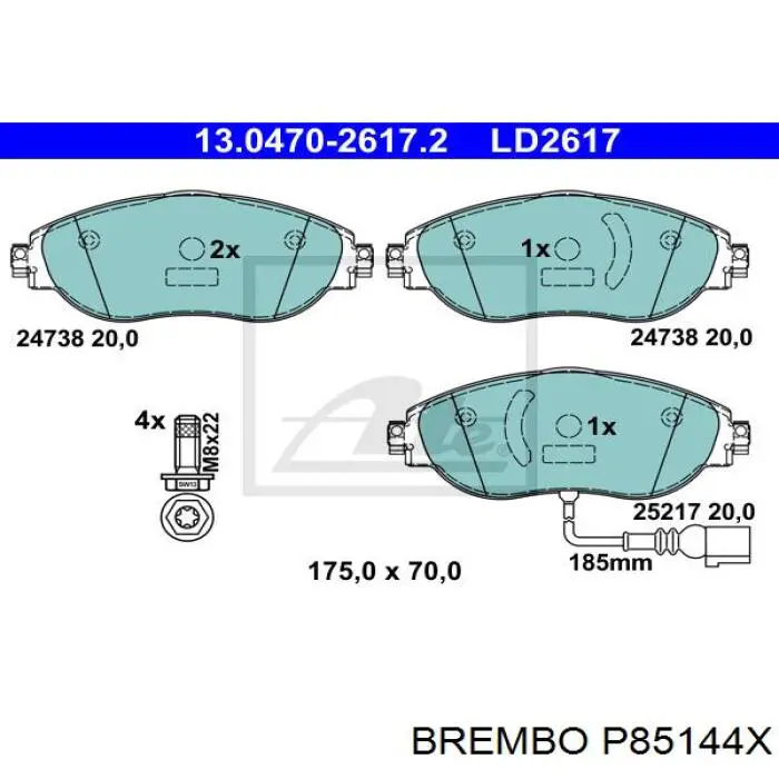 Колодки гальмівні передні, дискові P85144X Brembo