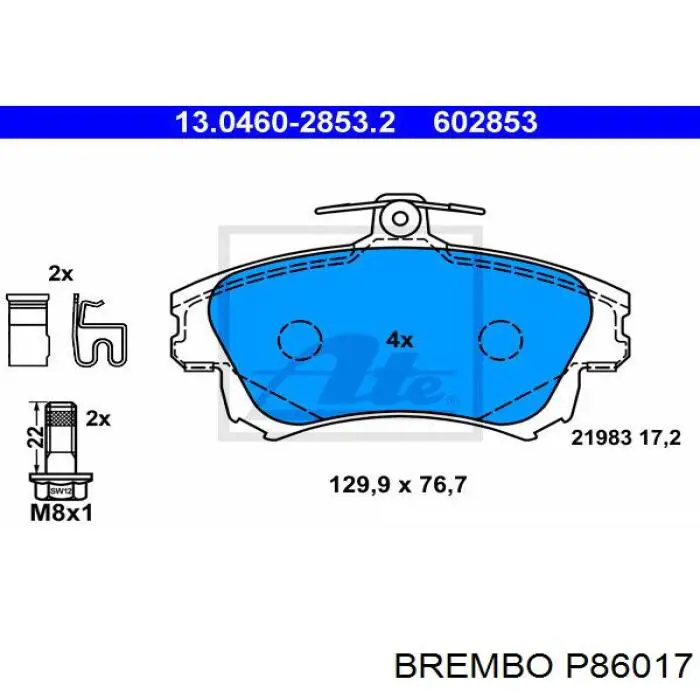 P86017 Brembo колодки гальмівні передні, дискові