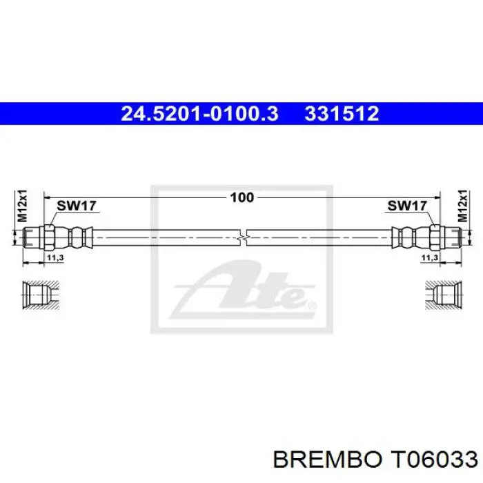T06033 Brembo шланг гальмівний передній, лівий