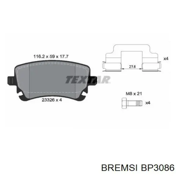 BP3086 Bremsi Колодки гальмівні задні, дискові