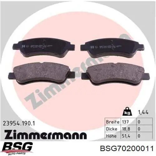 BSG70200011 BSG Передні гальмівні колодки